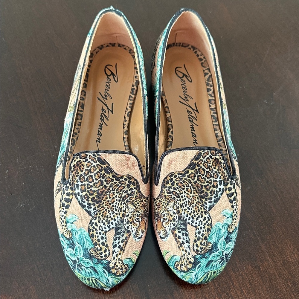 Beverly Feldman Leopard Jungle Animals Printed Canvas Loafers Sz 37 (US Size 7)